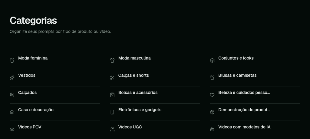 Tela real de categorias da Veltrix Prompt